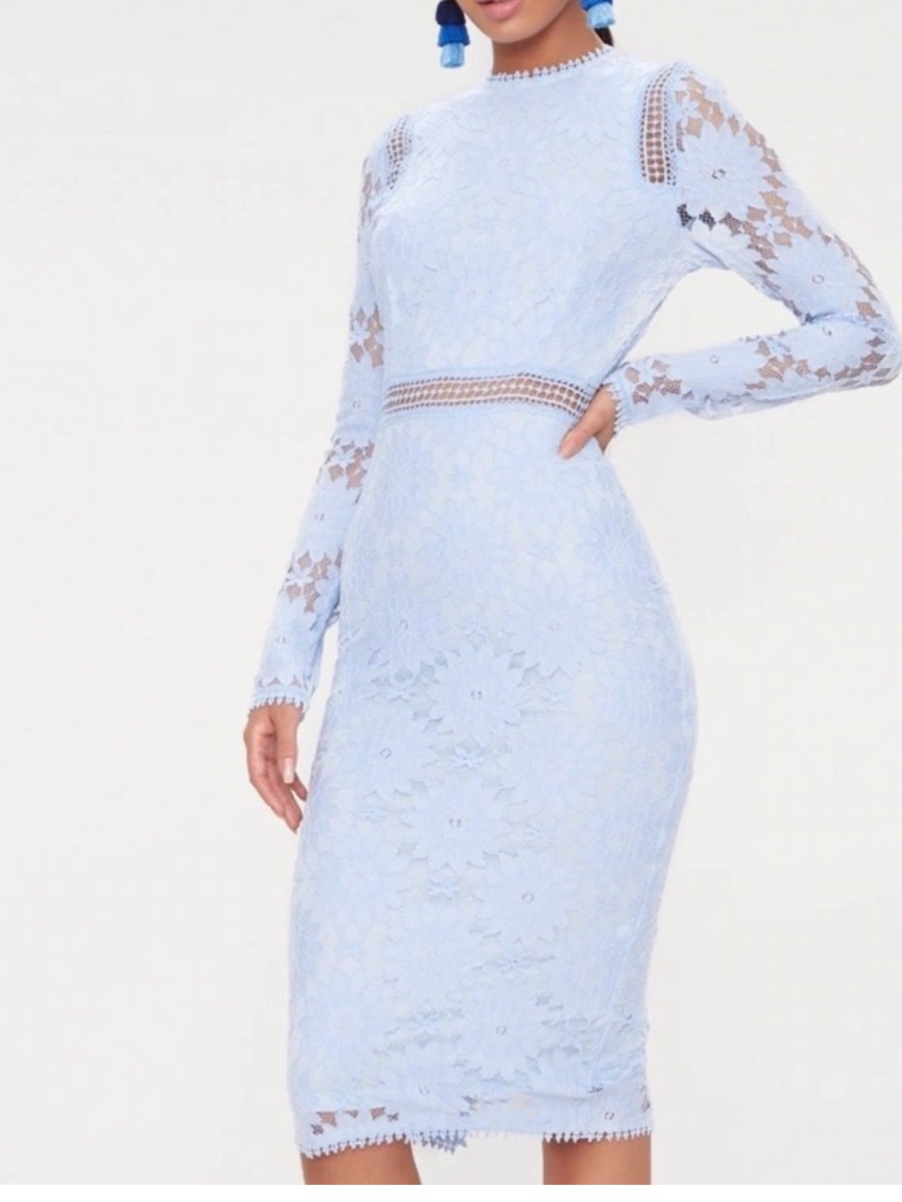 PrettyLittleThing Pale Blue Long Sleeve Lace Midi Dress